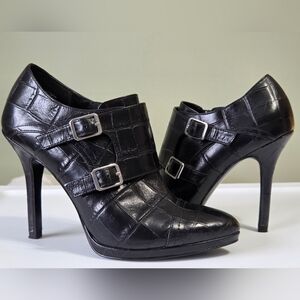 Lauren Ralph Lauren Black Croc Embossed Leather Latisha Ankle Booties Size 5.5